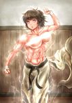  abs aura black_hair breasts censored clenched_hands dougi fighting_stance hangetsuban_sonshou highres large_breasts muscle scar short_ponytail solo sweat topless 