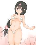  arykei bikini black_eyes black_hair blush breasts cameltoe covered_nipples flower hair_flower hair_ornament highres katanagatari long_hair medium_breasts micro_bikini swimsuit yasuri_nanami 