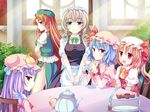  :d blonde_hair blue_eyes blue_hair blush chinese_clothes crescent crescent_hair_ornament flandre_scarlet hair_ornament hat hong_meiling izayoi_sakuya long_hair looking_at_viewer maid maid_headdress mob_cap multiple_girls open_mouth orange_hair patchouli_knowledge platinum_blonde_hair purple_eyes purple_hair red_eyes remilia_scarlet smile swami touhou very_long_hair 