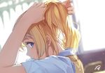  adjusting_hair ayase_eli backlighting blonde_hair blue_eyes blurry caidychen classroom depth_of_field indoors light_particles looking_at_viewer looking_back love_live! love_live!_school_idol_project nape otonokizaka_school_uniform ponytail profile school_uniform short_sleeves signature sketch solo upper_body 