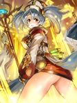  ass blush breasts cowboy_shot cross earrings edobox granblue_fantasy grey_hair hat jewelry large_breasts red_eyes short_hair short_twintails solo sophia_(granblue_fantasy) staff twintails 