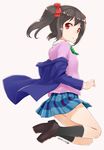  black_hair black_legwear blazer bow dated from_side full_body hair_bow jacket looking_at_viewer love_live! love_live!_school_idol_project nagian off_shoulder otonokizaka_school_uniform red_eyes school_uniform short_hair signature skirt socks solo sweater twintails yazawa_nico 