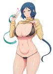  ao_madoushi blue_hair blush breasts clothes_lift condom green_eyes gundam gundam_build_fighters heart highres holding holding_condom iori_rinko large_breasts long_hair looking_at_viewer mature navel panties ponytail ribbed_sweater smile solo sweater sweater_lift underwear 