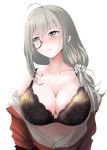  1girl bare_shoulders black_bra blush bra breasts cleavage collarbone girls_frontline grey_hair hair_between_eyes helianthus_(girls_frontline) highres lace lace_bra large_breasts long_hair looking_away monocle open_clothes partially_undressed solo take_(trude1945oneetyan) underwear white_background yellow_eyes 