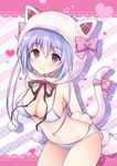  animal_ears animal_hood arms_behind_back bikini breasts cat_ears cat_girl cat_hood cat_tail cleavage commentary_request gloves heart hood lace_border large_breasts looking_at_viewer mauve navel original outside_border pastel_colors paw_gloves paws polka_dot polka_dot_bikini polka_dot_swimsuit purple_eyes purple_hair skindentation smile solo strap_gap swimsuit tail 