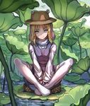  blonde_hair blue_eyes commentary day dress hair_ribbon hat highres indian_style leaf lily_pad long_sleeves looking_at_viewer moriya_suwako myero outdoors purple_dress ribbon sidelocks signature sitting smile solo thighhighs touhou v_arms water white_legwear zettai_ryouiki 