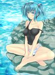  aqua_eyes bare_shoulders barefoot blonde_hair blue_eyes blush breast_press breasts cleavage collarbone covered_nipples groin highres kawashiro_nitori large_breasts looking_at_viewer midriff navel no_hat no_headwear panties reflection river rock short_hair sitting sitting_on_rock smile solo sparkle stomach stone strap_slip striped striped_panties takamichis211 tank_top touhou two_side_up underwear water 