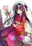  :d arrow black_hair flower green_eyes hair_ornament hayama_eishi holding horn japanese_clothes kimono long_hair looking_at_viewer open_mouth original sitting smile solo two_side_up 