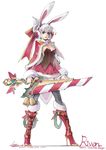  animal_ears blue_eyes boots breasts bunny_ears earmuffs full_body fur_boots high_heel_boots high_heels highres knee_boots league_of_legends loiza medium_breasts red_footwear riven_(league_of_legends) santa_boots simple_background skirt solo sword weapon white_background 