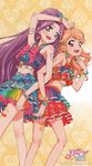 :d absurdres aikatsu! aikatsu!_(series) arm_tattoo arm_up armlet armpits back-to-back bangs bare_legs bare_shoulders beads blue_bow blush body_blush body_writing bow bracelet breasts chin_stroking clothes_writing club_(shape) colorful copyright_name cowboy_shot crop_top crop_top_overhang diamond_(shape) earrings finger_to_mouth flipped_hair floral_print from_side glitter gradient gradient_background hair_bow heart high_ponytail highlights highres ishikawa_kayoko jewelry kanzaki_mizuki layered_skirt lips locked_arms logo long_hair looking_at_viewer midriff multicolored multicolored_clothes multicolored_hair multicolored_skirt multiple_girls nail_polish natsuki_mikuru navel necklace official_art open_mouth orange_background orange_hair palm_tree parted_bangs pearl_bracelet pearl_necklace pendant pink_bow pink_hair pink_nails ponytail purple_eyes purple_hair rainbow_order rainbow_skirt red_eyes red_nails scan sidelocks skirt sleeveless slender_waist small_breasts smile spade_(shape) sparkle standing stomach streaked_hair swept_bangs tank_top tattoo teeth tree two-tone_hair very_long_hair vivid_kiss 