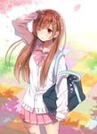  bag brown_hair from_above hayama_eishi long_hair one_eye_closed original petals pleated_skirt red_eyes school_bag school_uniform skirt smile solo wind 