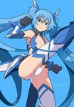  &gt;:( armor blue_background blue_eyes blue_footwear blue_hair boots character_name cleavage_cutout clenched_hands flat_chest from_below frown gloves jpeg_artifacts kicking long_hair maruto! mecha_musume ore_twintail_ni_narimasu serious solo tailblue thighhighs twintails v-shaped_eyebrows 