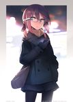  astg bad_id bad_pixiv_id bag black_gloves brown_hair cellphone coat glasses gloves google google_glass holding original pantyhose phone pleated_skirt purple_eyes school_bag short_hair skirt smartglasses smartphone solo 