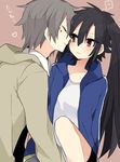  1girl amesawa_mokke bad_id bad_pixiv_id black_hair blush couple enomoto_takane grey_hair hetero imminent_kiss kagerou_project kokonose_haruka long_hair short_hair twintails 