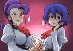  ascot blue_eyes blue_hair blush breast_grab breasts ebizome grabbing gundam gundam_build_fighters gundam_build_fighters_try hair_ornament hairclip hand_on_own_face heavy_breathing implied_handjob juliet_sleeves large_breasts licking_hand long_sleeves multiple_girls parted_lips partially_translated ponytail puffy_sleeves purple_eyes purple_hair sano_keiko_(gundam_bf) sexually_suggestive shigure_mahiru translation_request 