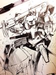  comparison dom dom_tropen fukai_ryousuke gundam gundam_0083 mecha monochrome no_humans pen photo traditional_media weapon 