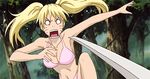  animated animated_gif bikini blonde_hair bouncing_breasts breasts cleavage dodging genderswap long_hair naruko naruto scared swimsuit sword twintails weapon weapons 