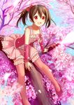  :d bare_shoulders black_hair blush cherry_blossoms clouble detached_sleeves flat_chest in_tree looking_at_viewer love_live! love_live!_school_idol_project open_mouth petals pink_legwear pink_skirt red_eyes short_hair sitting sitting_in_tree skirt smile solo thighhighs tree twintails yazawa_nico 