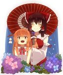  bad_id bad_nicoseiga_id blush bow brown_eyes brown_hair cookie_(touhou) detached_sleeves flower hair_bow hakurei_reimu holding holding_umbrella horn_ribbon horns hydrangea ibuki_suika kanna_(cookie) knb long_hair multiple_girls open_mouth orange_hair oriental_umbrella rain ribbon ribbon_trim shared_umbrella smile squid teruterubouzu touhou umbrella 