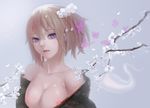  bare_shoulders blonde_hair blue_eyes breasts breasts_outside bug butterfly cherry_blossoms cleavage collarbone flower ghost hair_flower hair_ornament highres hitodama insect japanese_clothes kimono large_breasts looking_at_viewer magician_(china) nipples off_shoulder revision saigyouji_yuyuko solo touhou twig upper_body 