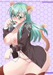  animal_ears aqua_hair blush breasts cat_ears cat_tail hair_ornament hairclip jacket kantai_collection large_breasts long_hair looking_at_viewer mikagami_sou nipples open_clothes open_jacket open_mouth panties school_uniform smile solo suzuya_(kantai_collection) tail thighhighs underwear 