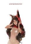  animal_ears bad_id bad_pixiv_id bikini_top blue_eyes bottomless bow brown_hair curly_hair front-tie_top hexagram little_red_riding_hood long_hair mata_c original red_hood signature simple_background solo white_background 