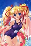  :d absurdres blonde_hair blue_eyes blue_swimsuit blush cowboy_shot day food_print goggles goggles_removed hagano_ichigo hair_ribbon happy highres holding holding_innertube holding_towel innertube key komatsu_eiji light_rays looking_at_viewer name_tag official_art one-piece_swimsuit open_mouth original outdoors ribbon school_swimsuit sky smile solo strawberry_print swimsuit thigh_gap towel twintails water 