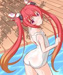  blush closed_mouth collarbone hair_ornament long_hair looking_at_viewer one-piece_swimsuit ore_twintail_ni_narimasu pool purple_eyes red_hair rekuto school_swimsuit solo straight_hair swimsuit tailred twintails white_school_swimsuit white_swimsuit 