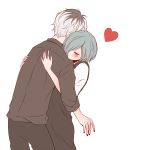  1boy 1girl apron black_apron black_hair black_legwear black_nails black_shirt blue_hair blush commentary_request eyes_closed from_behind hair_over_one_eye hands_on_another&#039;s_back heart kaneki_ken kirishima_touka multicolored_hair nail_polish no_mouth red_heart sasaki_haise shirt short_hair simple_background tokyo_ghoul toukaairab two-tone_hair white_background white_hair 