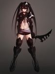  absurdres aconitea bad_id bad_pixiv_id belt bikini_top black_background black_eyes black_hair black_rock_shooter boots flat_chest front-tie_bikini front-tie_top full_body gauntlets greaves highres insane_black_rock_shooter long_hair looking_at_viewer midriff navel pauldrons short_shorts shorts solo sword thigh_boots thighhighs twintails weapon 