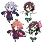  ahoge blue_eyes blue_hair bow brown_eyes brown_hair bunny_hair_ornament chibi crescent crescent_hair_ornament hair_bow hair_ornament hair_ribbon kantai_collection kisaragi_(kantai_collection) long_hair mikakunin_de_shinkoukei multiple_girls mutsuki_(kantai_collection) outstretched_arms pantyhose pink_eyes pink_hair pleated_skirt purple_eyes ribbon school_uniform serafuku short_hair short_hair_with_long_locks skirt sleeves_past_wrists spread_arms tk8d32 uzuki_(kantai_collection) yayoi_(kantai_collection) 