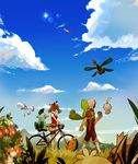  1girl bicycle bike_shorts blue_sky brown_hair carrying_over_shoulder castform cloud day fanny_pack from_behind gen_3_pokemon gorosuke_(my_boy) ground_vehicle hair_ribbon haruka_(pokemon) hat jacket latias latios marshtomp pokemon pokemon_(creature) pokemon_(game) pokemon_oras ribbon roselia shirt short_shorts shorts shroomish sky sleeveless sleeveless_shirt sun swablu torchic treecko tropius twintails wurmple yuuki_(pokemon) zigzagoon 