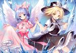  :d black_skirt blonde_hair blue_eyes blue_hair bow dress dress_lift feathered_wings hair_bow hair_ribbon hat hayama_eishi holding_hands interlocked_fingers long_hair looking_at_viewer mai_(touhou) multiple_girls open_mouth petticoat pink_dress puffy_short_sleeves puffy_sleeves ribbon short_hair short_sleeves skirt smile touhou touhou_(pc-98) v-shaped_eyebrows white_wings wings yellow_eyes yuki_(touhou) 