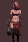  black_gloves black_legwear breasts bustier cleavage club dark_souls_ii desert_sorceress elbow_gloves garter_straps gloves hood large_breasts midriff over-kneehighs red_hood shaded_face side_slit skirt solo souls_(from_software) thighhighs toned ueno_petarou weapon 