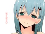 aqua_eyes aqua_hair bare_shoulders blush closed_mouth face full-face_blush hair_ornament kantai_collection long_hair looking_at_viewer portrait simple_background smile solo suzuya_(kantai_collection) takeyuu white_background 