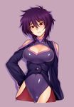  bare_shoulders breasts cowboy_shot hand_on_hip jpeg_artifacts kazuma_muramasa large_breasts liebert looking_at_viewer majin_bone purple_background purple_eyes purple_hair red_eyes short_hair solo 