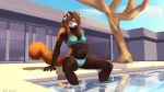  2017 5_fingers ailurid anthro arnius bikini black_nose blue_eyes brown_hair building clothing eyebrows eyelashes female finger_claws fur hair house mammal midriff multicolored_fur navel outside partially_submerged red_panda sitting smile solo swimming_pool swimsuit tree water whiskers 