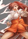  anna_miller breasts brown_eyes brown_hair fighting_stance fingerless_gloves gloves hair_ribbon large_breasts long_hair open_mouth ribbon signature skirt solo sowel_(sk3) takeuchi_yuka variable_geo very_long_hair waitress white_gloves 