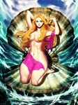  aphrodite blonde_hair blue_eyes breasts clam commentary convenient_censoring english_commentary full_body genzoman goddess greek_mythology hair_censor large_breasts long_hair navel nude seiza shadow signature sitting solo water 