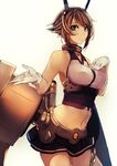  bare_shoulders breasts brown_hair cowboy_shot gloves green_eyes hairband hand_on_own_chest headgear highres kantai_collection kyouya_(mukuro238) large_breasts looking_at_viewer midriff mutsu_(kantai_collection) navel short_hair skirt smile solo turret white_gloves 