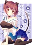  animal_ears black_legwear brown_eyes brown_hair cat_ears cat_tail hazakura_satsuki highres japanese_clothes kaga_(kantai_collection) kantai_collection kemonomimi_mode looking_at_viewer muneate parted_lips paw_print pleated_skirt side_ponytail sitting skirt solo tail thighhighs zettai_ryouiki 