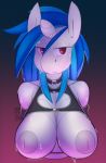  2017 anthro areola armwear big_breasts blue_hair breasts bust_portrait clothed clothing collar detached_sleeves equine exposed_breasts female friendship_is_magic hair half-closed_eyes horn ineffective_clothing inverted_nipples looking_away mammal multicolored_hair musical_note my_little_pony nipples partially_clothed portrait presenting presenting_breasts shirt skimpy solo sweat two_tone_hair unicorn vinyl_scratch_(mlp) whoop 
