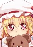  :t absurdres blonde_hair dated face flandre_scarlet hat hat_ribbon highres looking_at_viewer mob_cap pink_eyes pout ribbon signature solo stuffed_animal stuffed_toy teddy_bear touhou upper_body yasume_yukito 