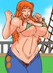  ahoge bikini_top blue_sky bouncing_breasts breasts censored denim earrings eyes_closed hips jeans jewelry large_breasts long_hair midriff nami nami_(one_piece) navel nipple_slip nipples one_piece open_mouth pants papepox2 pubic_hair raised_fist signature sky smile solo sweat unzipped wide_hips 
