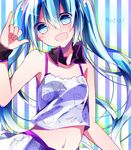  bad_id bad_pixiv_id camisole collar copyright_name hatsune_miku long_hair midriff navel open_mouth redial_(vocaloid) solo striped striped_background twintails vertical-striped_background vertical_stripes very_long_hair vocaloid wrist_cuffs yuruno 