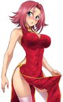  aqua_eyes blush breasts china_dress chinese_clothes code_geass covered_navel dress impossible_clothes impossible_dress kallen_stadtfeld large_breasts looking_at_viewer open_mouth pink_legwear red_hair thighhighs yuuki_homura 