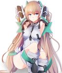  :c angela_balzac arms_behind_head arms_up bare_shoulders blonde_hair blue_eyes bodysuit breasts deva_battle_suit elbow_gloves gloves headgear highres large_breasts leotard long_hair looking_at_viewer low_twintails rakuen_tsuihou shiguru simple_background sitting solo thigh_strap twintails very_long_hair white_background 