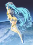  aqua_eyes aqua_hair ass boots commentary_request cosplay elbow_gloves fingerless_gloves gloves hatsune_miku hayabusa_(spacecraft) hayabusa_(spacecraft)_(cosplay) high_heels highres leotard long_hair solo thigh_boots thighhighs twintails very_long_hair vocaloid yellow_leotard yuzuki_kei 