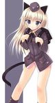  animal_ears black_ribbon blonde_hair blue_eyes blush cat_ears cat_tail garrison_cap hat helma_lennartz iwa_(alpaca_oukoku) jacket long_hair long_sleeves military military_uniform no_pants open_mouth panties ribbon solo tail triangle_mouth underwear uniform white_panties world_witches_series 