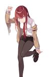  adjusting_clothes adjusting_shoe arm_support belt breasts brown_hair collared_shirt duoyuanjun highres jacket lavender_eyes leaning_forward leg_up long_hair looking_at_viewer makise_kurisu medium_breasts necktie off_shoulder open_mouth pantyhose red_neckwear shirt shoes shorts solo standing steins;gate 